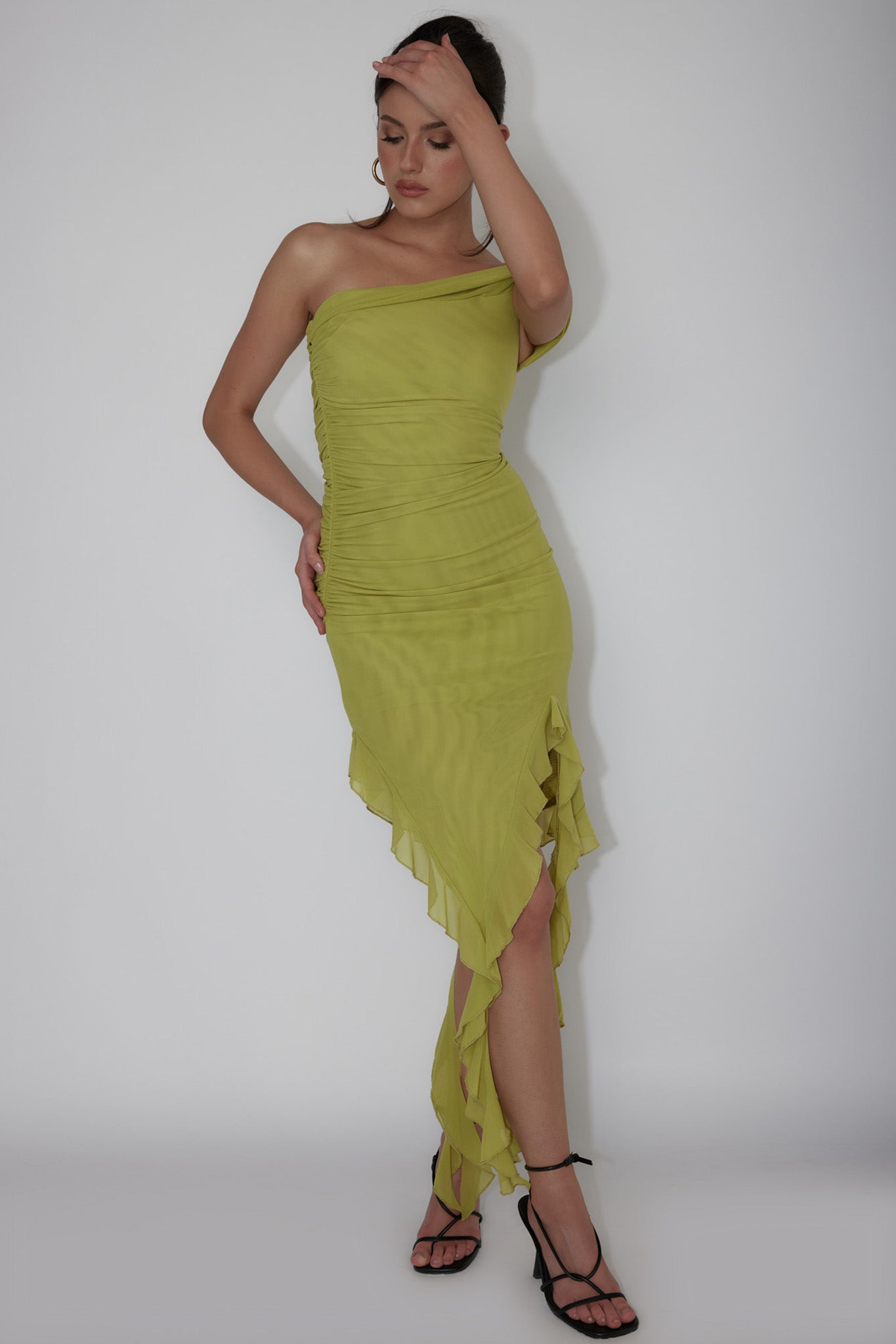 After Party One Sleeve Ruffle Mini Dress Lime by Selfie Leslie Australia