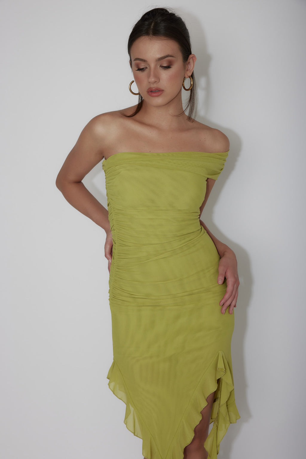After Party One Sleeve Ruffle Mini Dress Lime by Selfie Leslie Australia