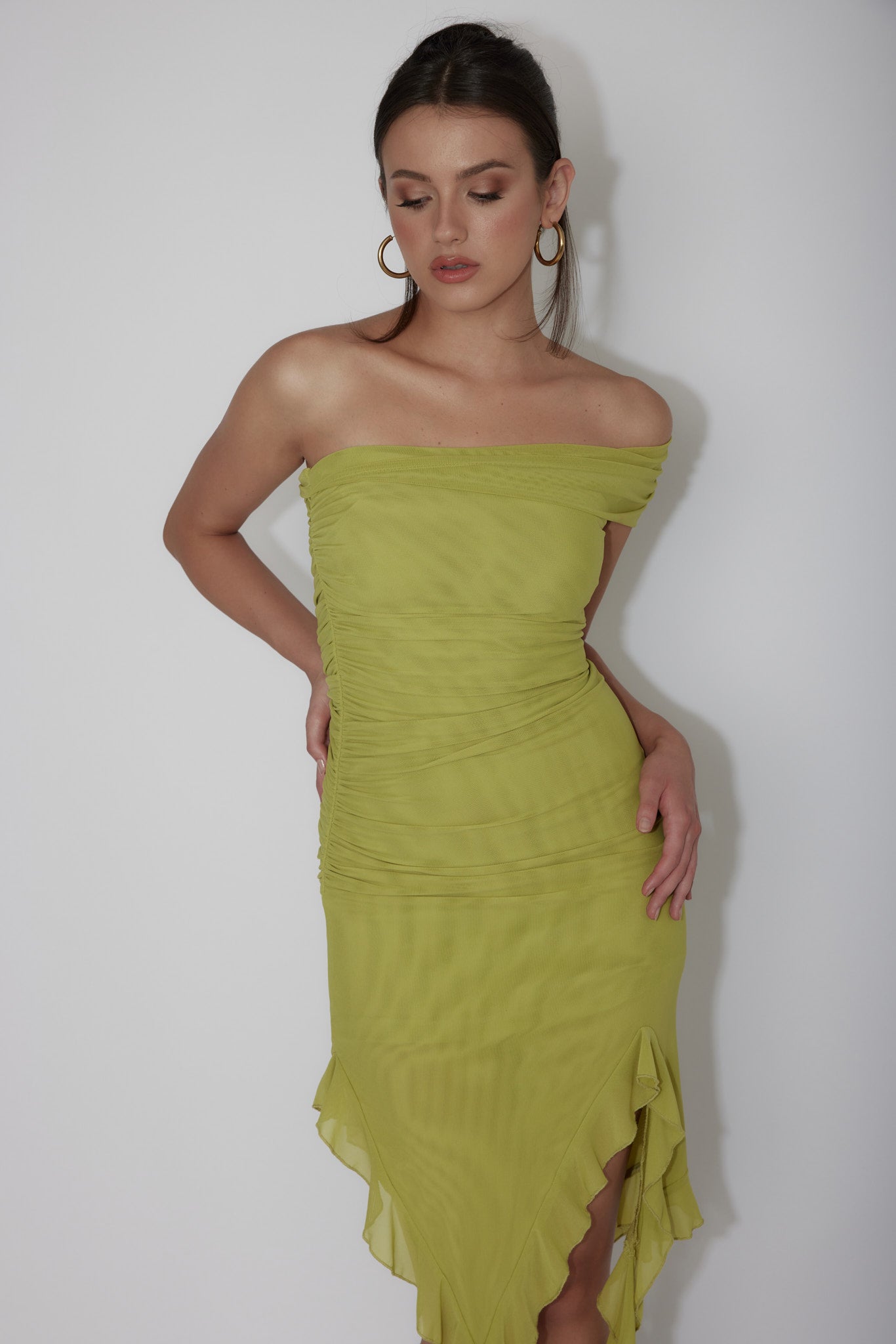 After Party One Sleeve Ruffle Mini Dress Lime by Selfie Leslie Australia