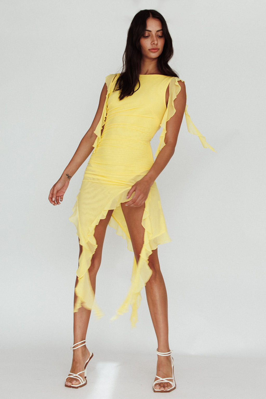 After Party Sleeveless Ruffle Trim Mini Dress Lemon by Selfie Leslie Australia