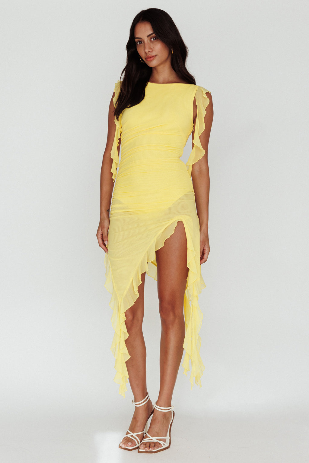 After Party Sleeveless Ruffle Trim Mini Dress Lemon by Selfie Leslie Australia