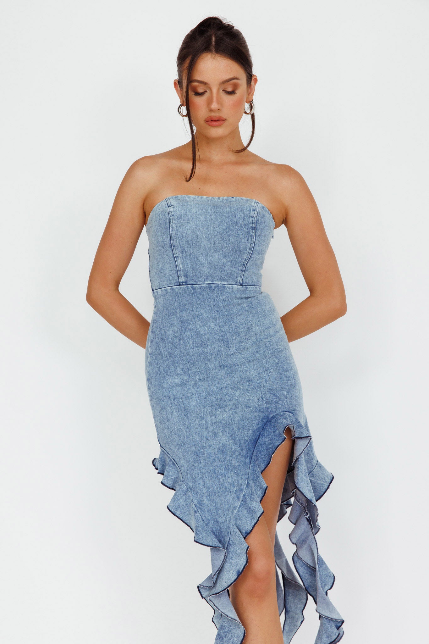 After Party Ruffle Trim Mini Dress Denim Blue by Selfie Leslie Australia