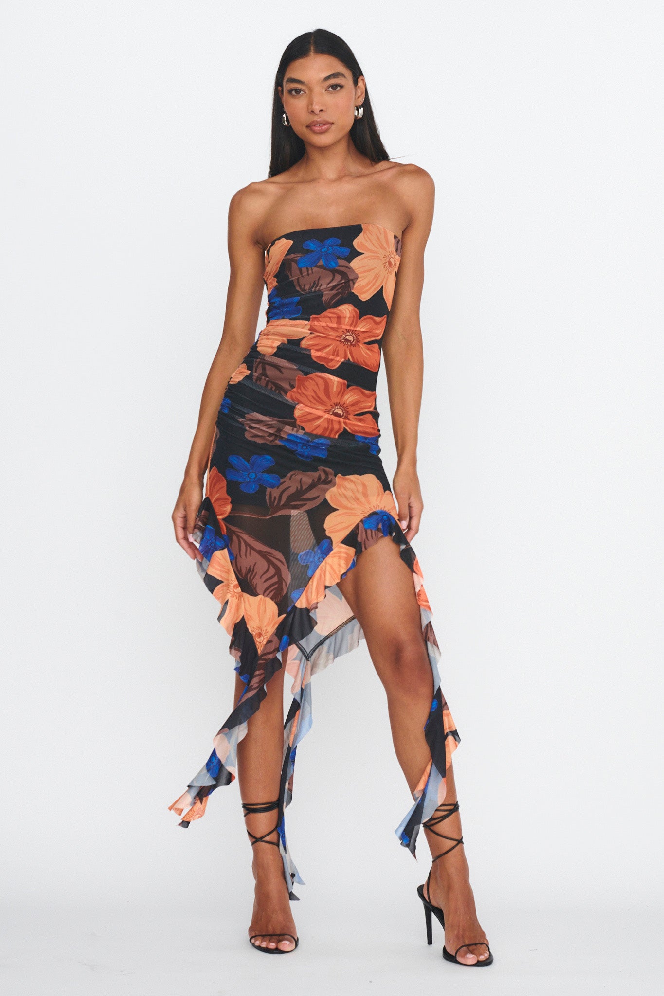 After Party Ruffle Trim Midi Dress Floral Black by Selfie Leslie Australia