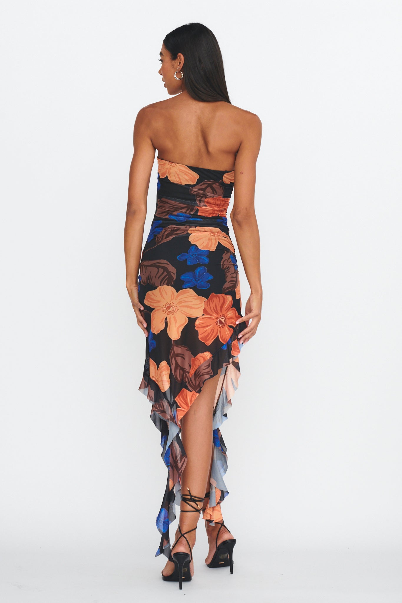 After Party Ruffle Trim Midi Dress Floral Black by Selfie Leslie Australia