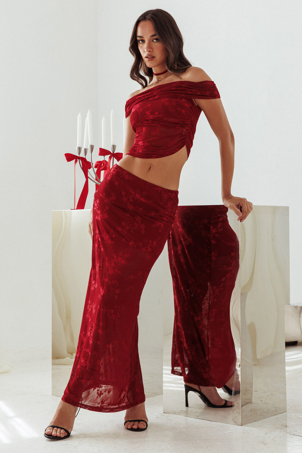 After Party Floral Mesh Maxi Skirt Burgundy by Selfie Leslie Australia