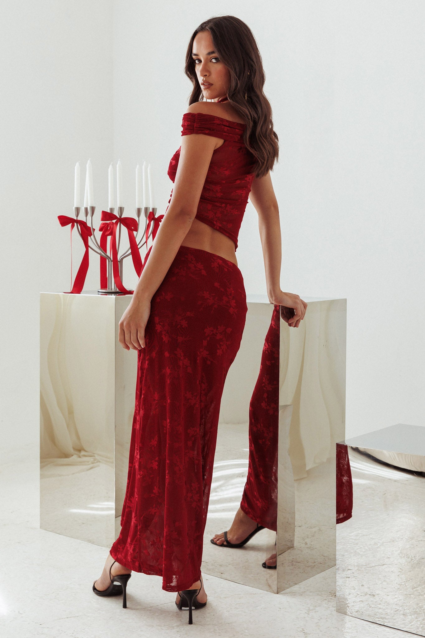 After Party Floral Mesh Maxi Skirt Burgundy by Selfie Leslie Australia