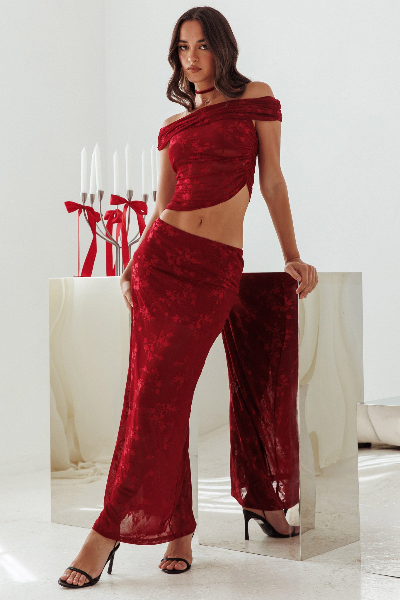 After Party Floral Mesh Maxi Skirt Burgundy by Selfie Leslie Australia