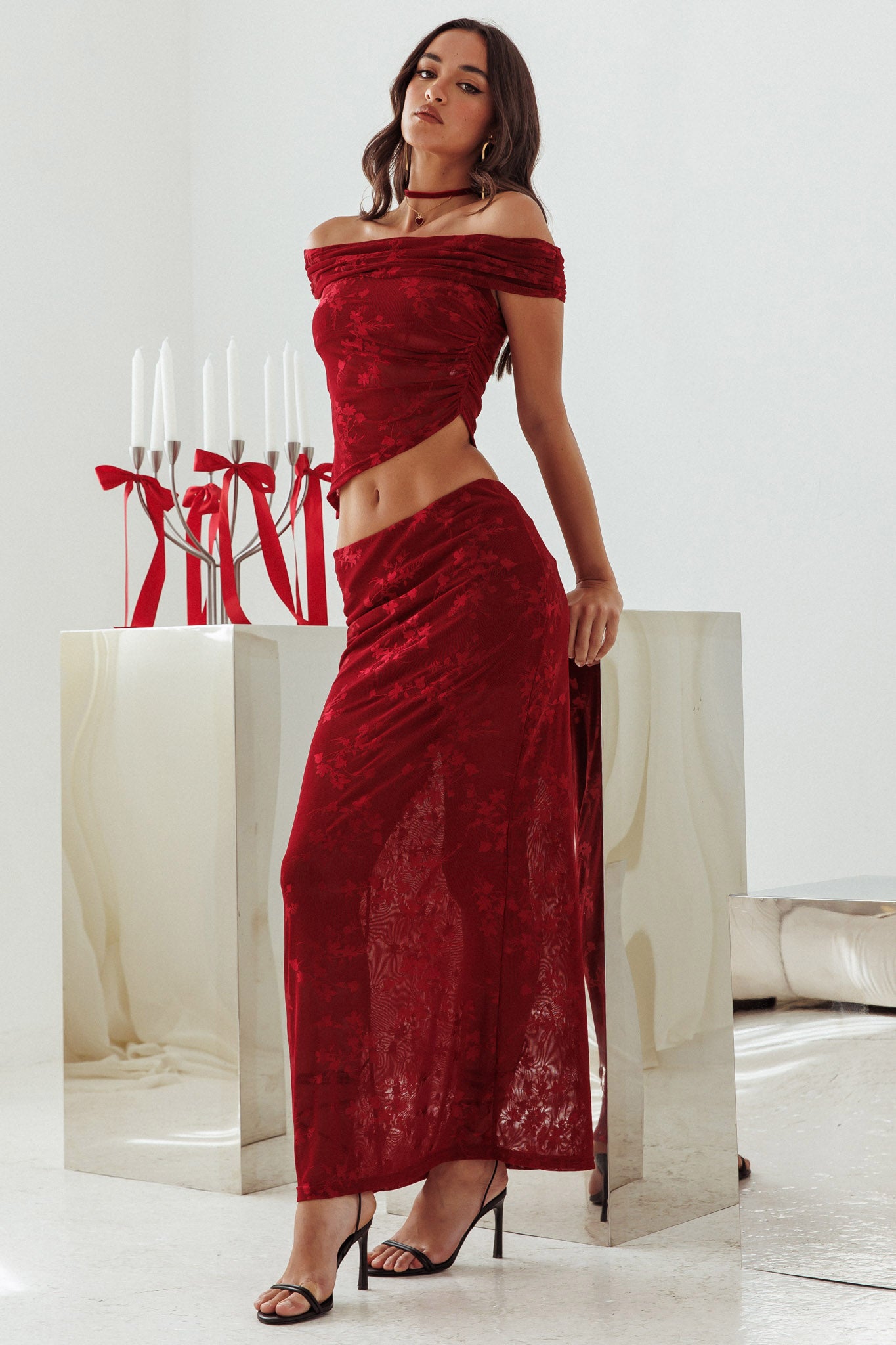 After Party Off-Shoulder Mesh Top Burgundy by Selfie Leslie Australia