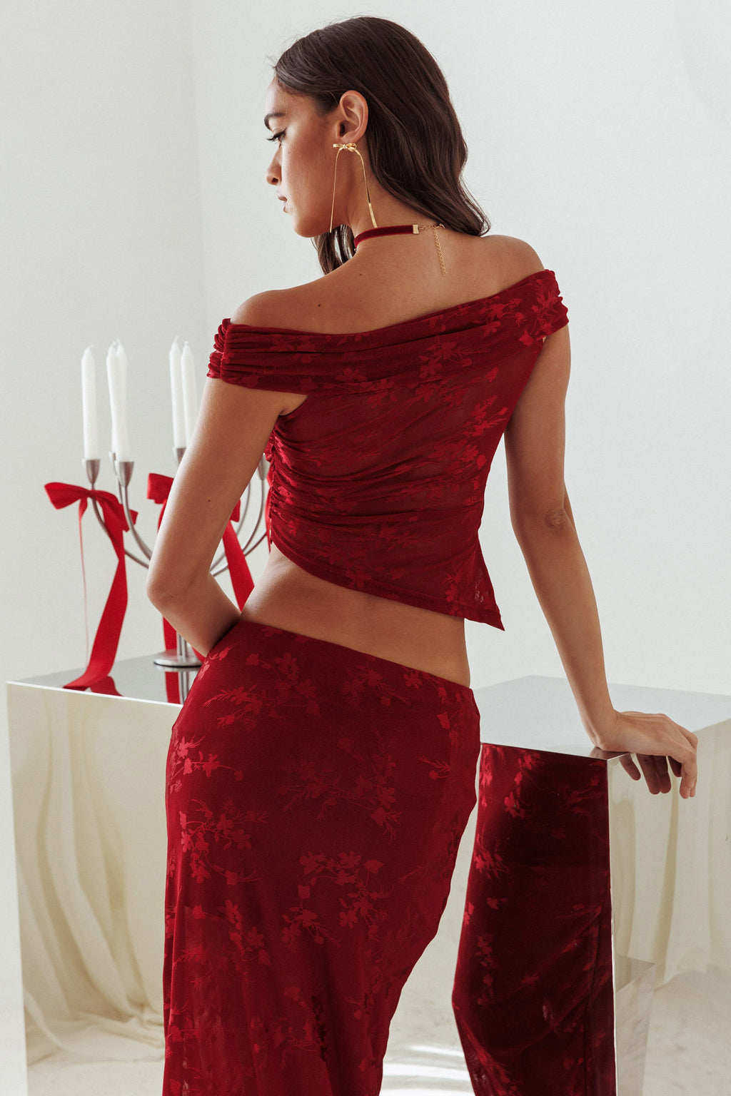 After Party Off-Shoulder Mesh Top Burgundy by Selfie Leslie Australia