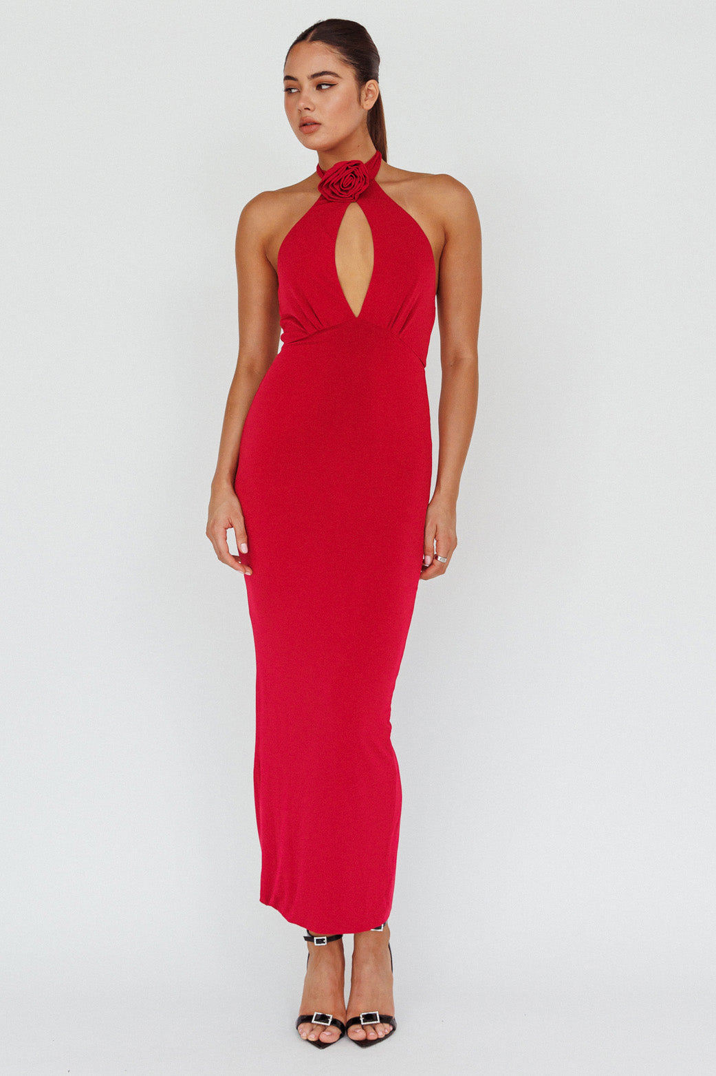Simha Rose Halterneck Midi Dress Red by Selfie Leslie Australia