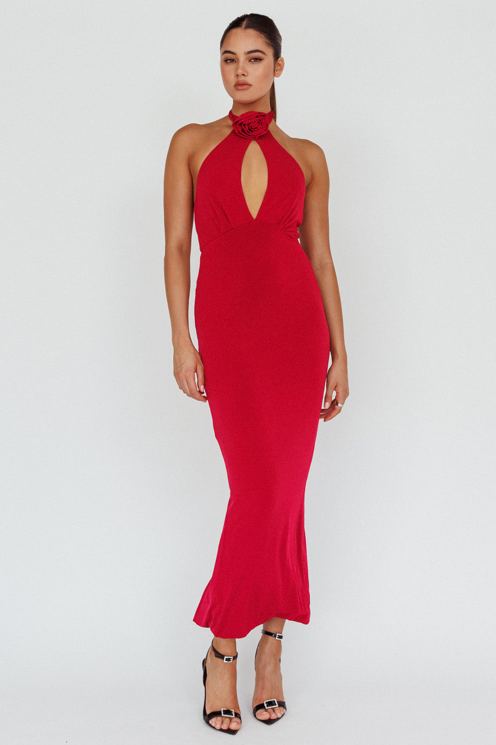 Simha Rose Halterneck Midi Dress Red by Selfie Leslie Australia