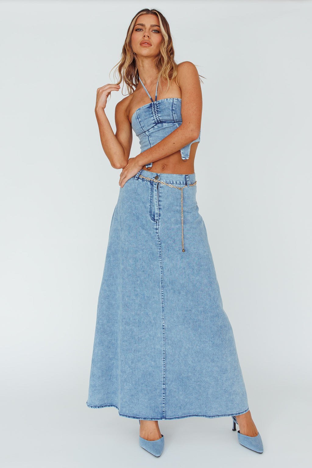 Romcom Halterneck Crop Top Denim Blue by Selfie Leslie Australia