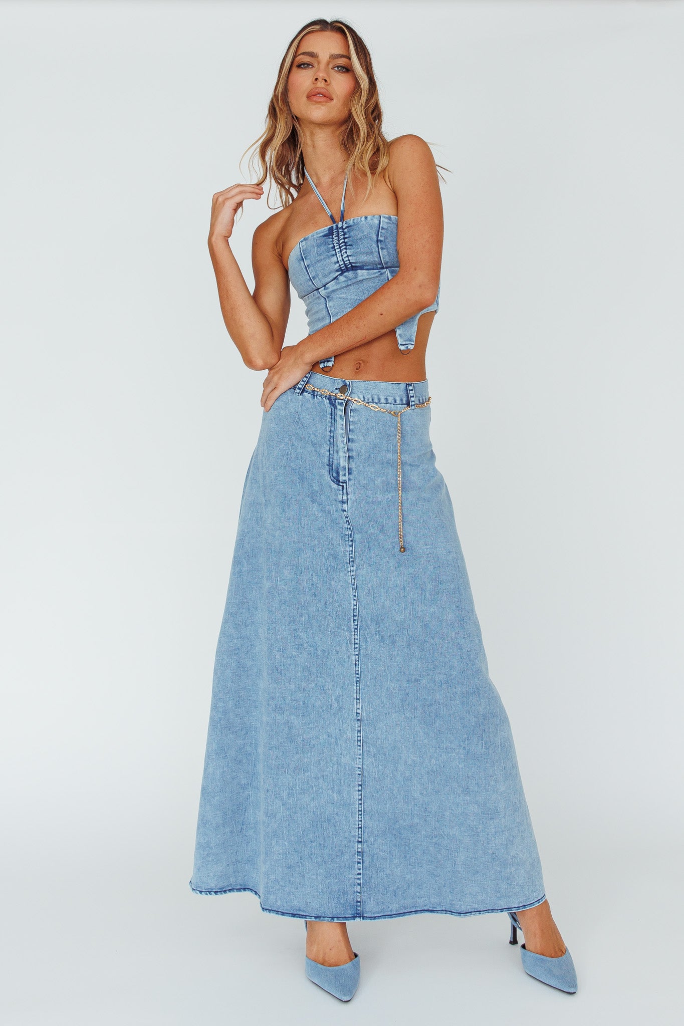 Romcom Halterneck Crop Top Denim Blue by Selfie Leslie Australia