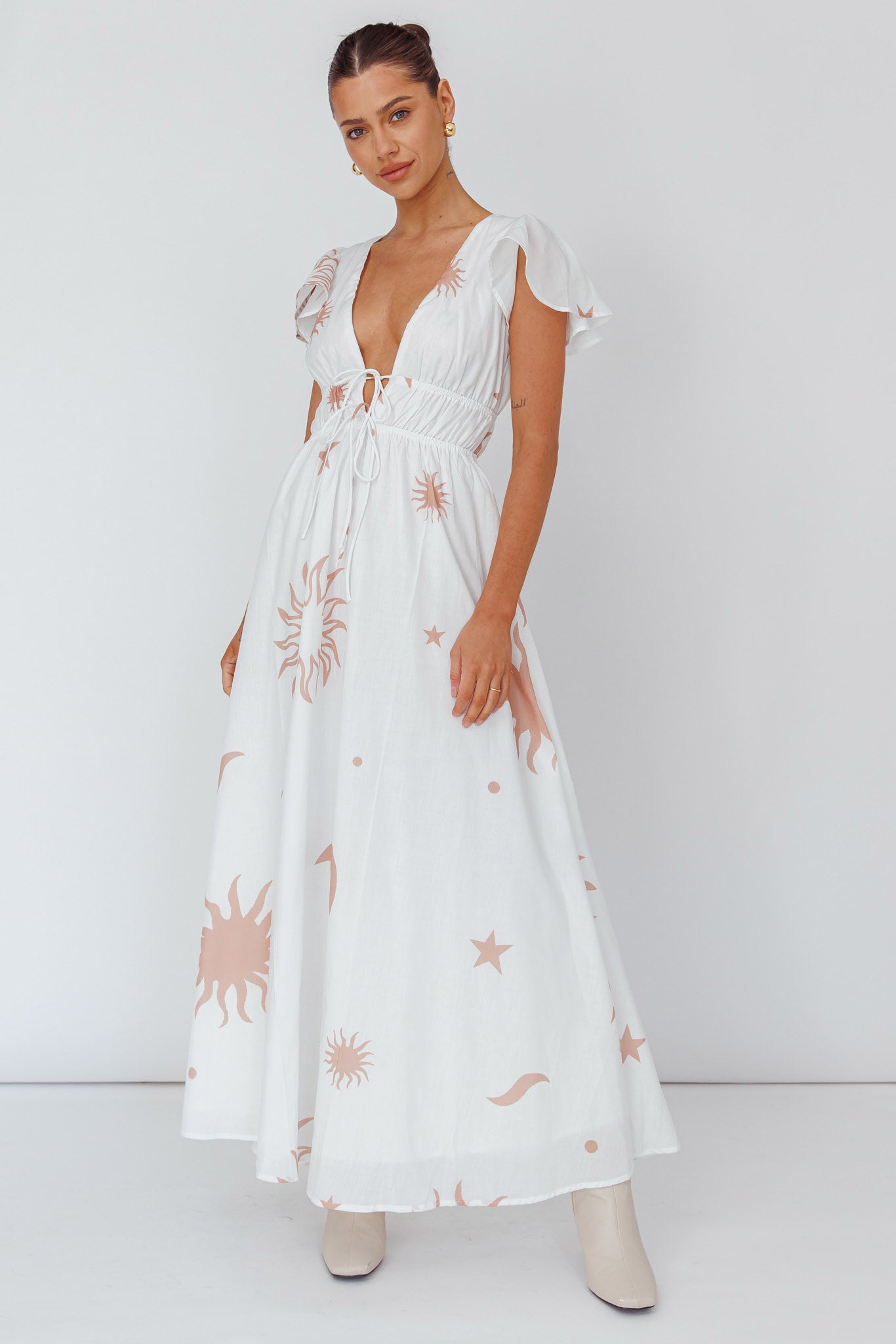 Carnivale Angel Sleeve Maxi Dress White/Beige by Selfie Leslie Australia