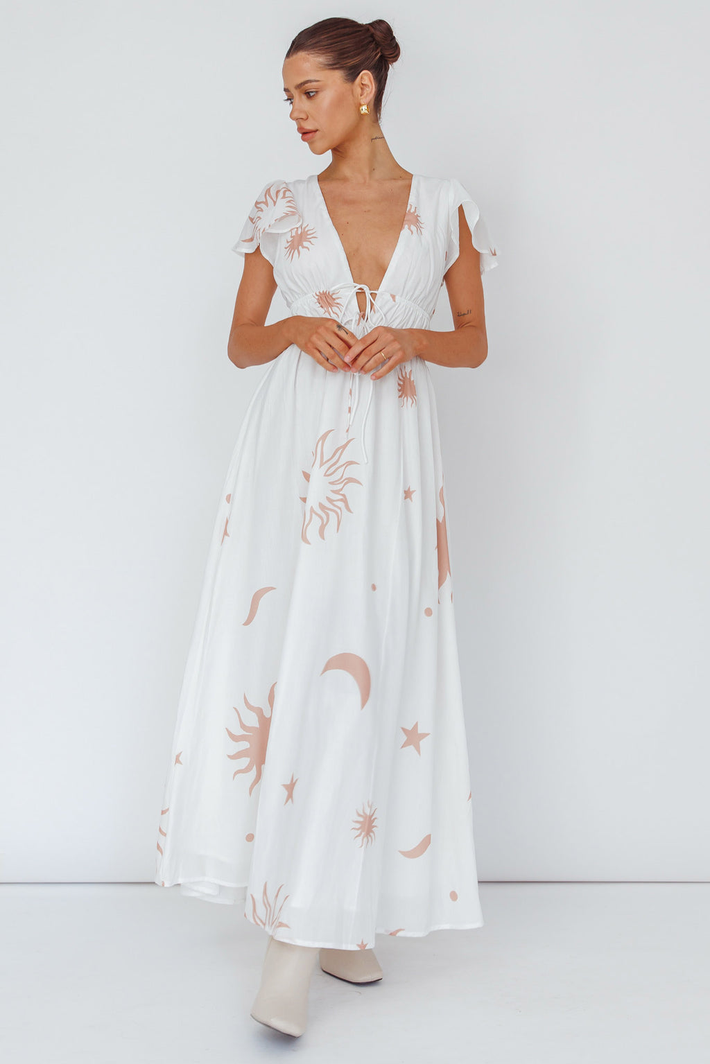 Carnivale Angel Sleeve Maxi Dress White/Beige by Selfie Leslie Australia