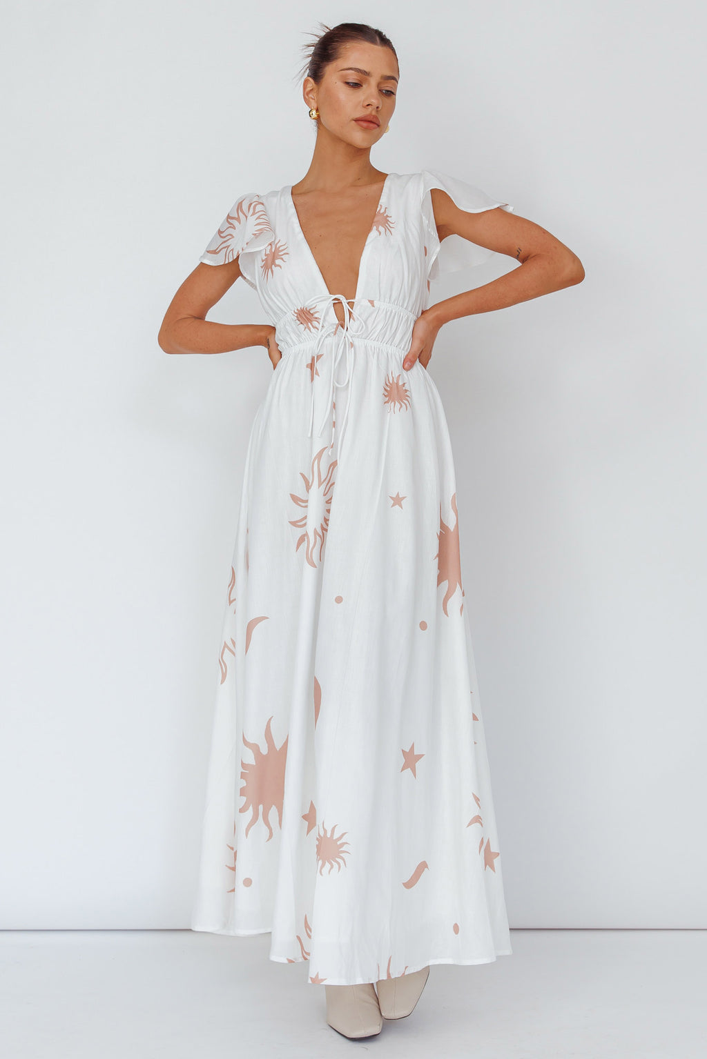 Carnivale Angel Sleeve Maxi Dress White/Beige by Selfie Leslie Australia