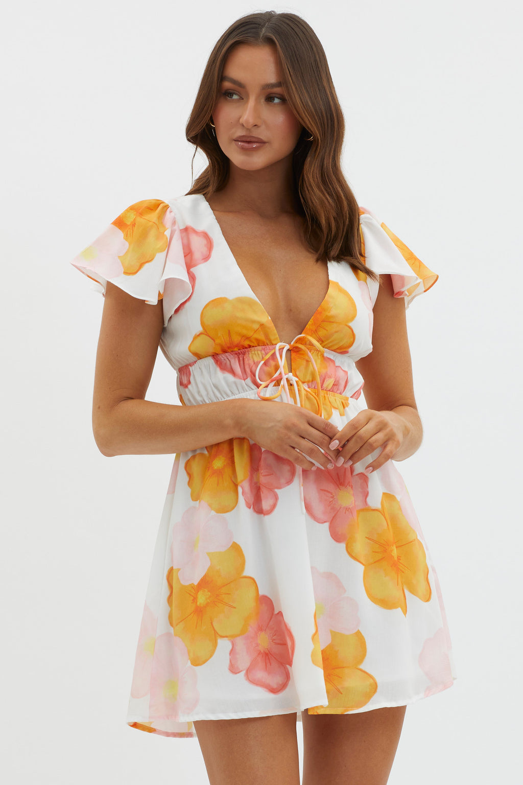 Carnivale Angel Sleeve Mini Dress Floral Orange by Selfie Leslie Australia