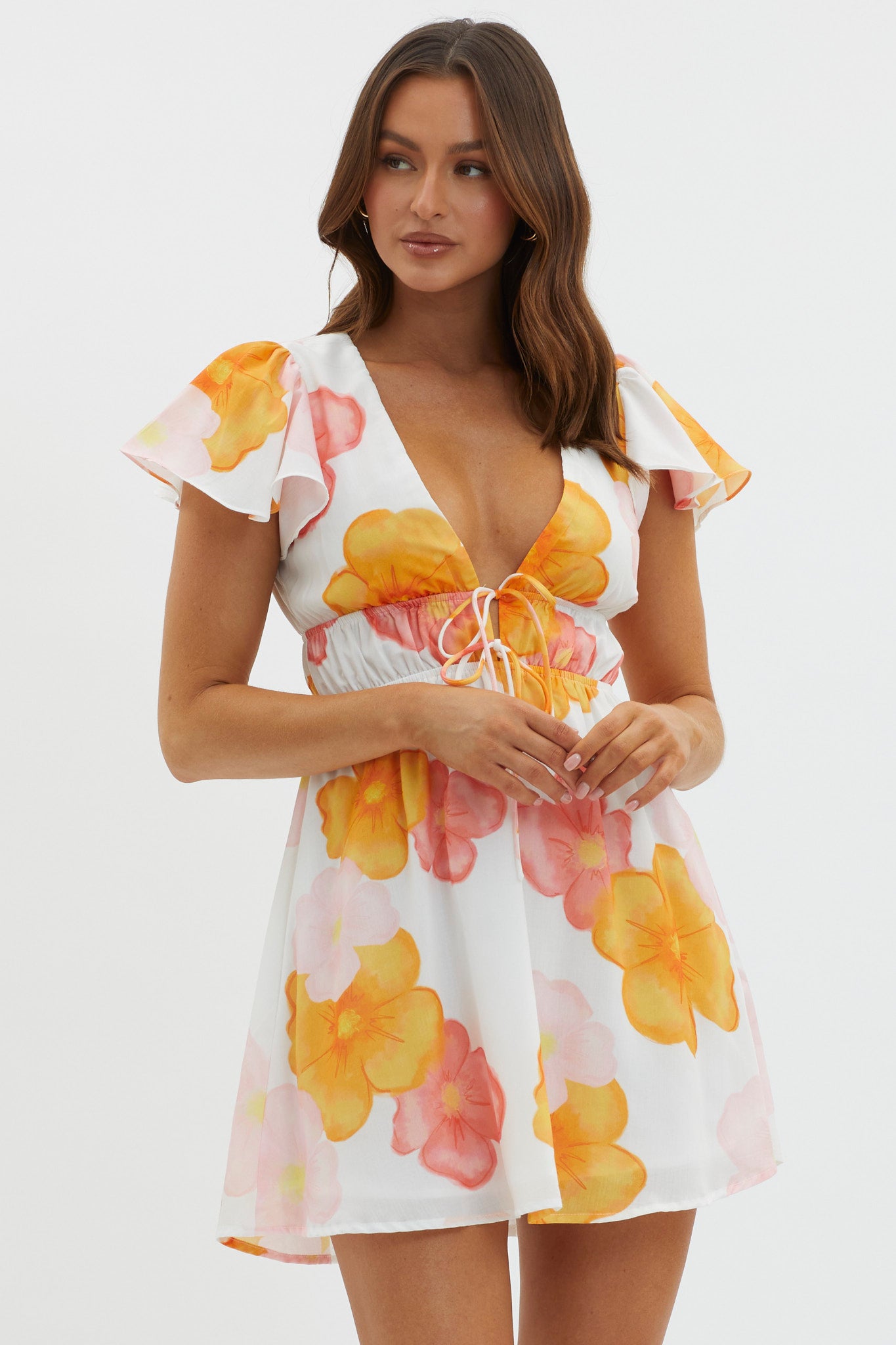 Carnivale Angel Sleeve Mini Dress Floral Orange by Selfie Leslie Australia