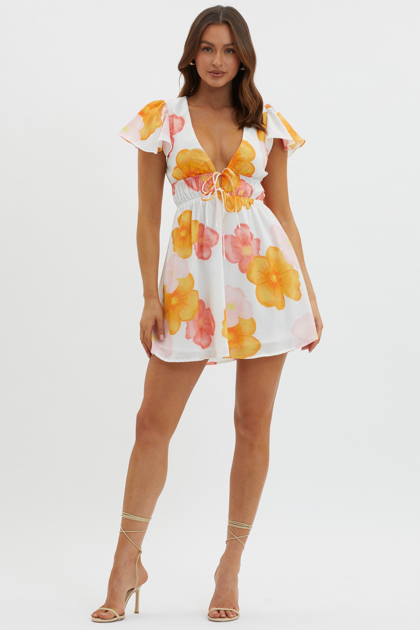 Carnivale Angel Sleeve Mini Dress Floral Orange by Selfie Leslie Australia