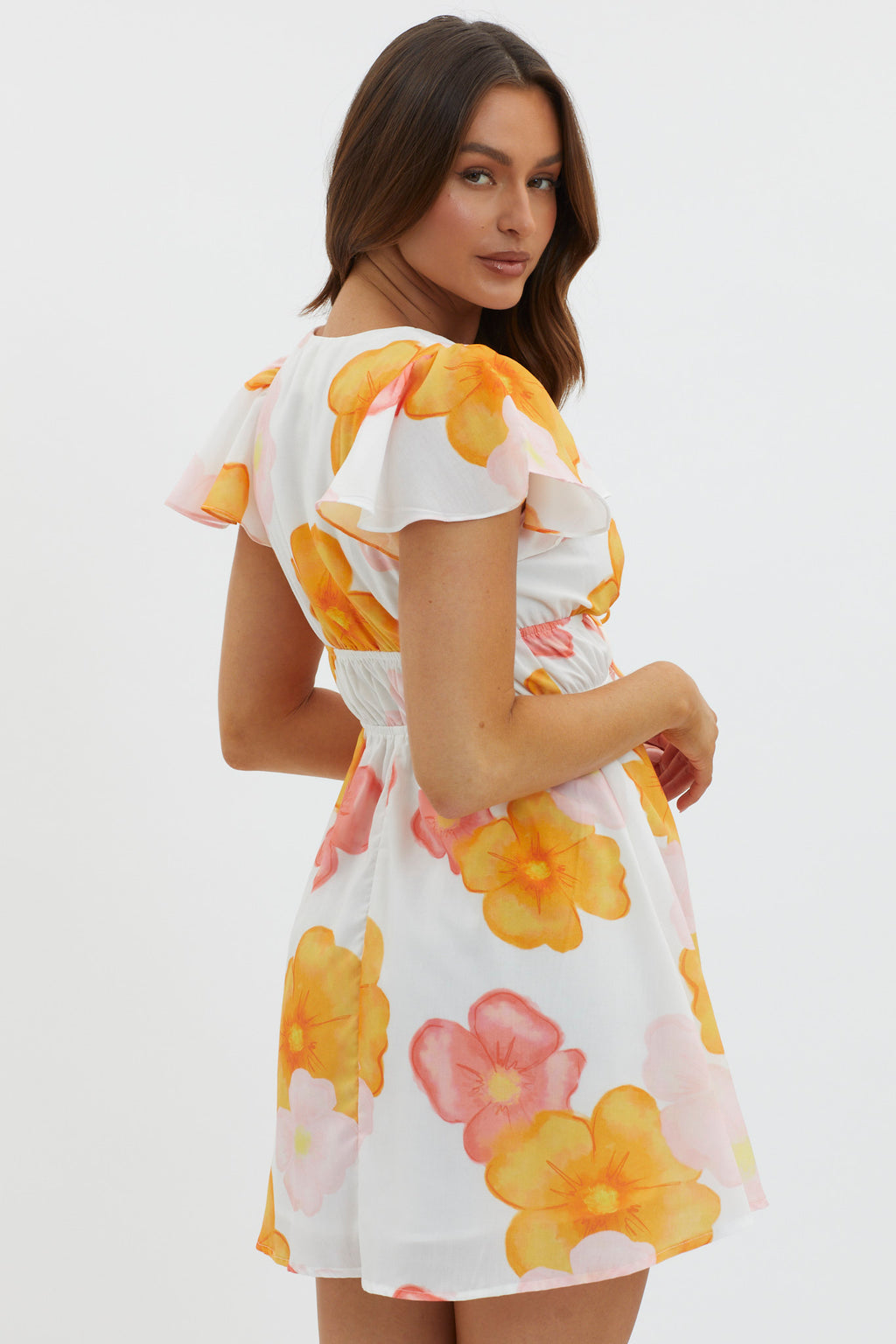 Carnivale Angel Sleeve Mini Dress Floral Orange by Selfie Leslie Australia