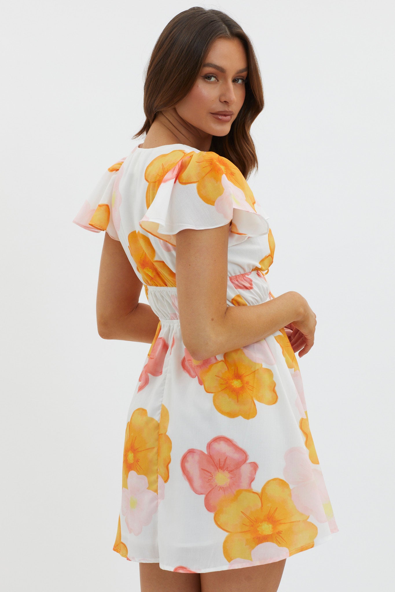Carnivale Angel Sleeve Mini Dress Floral Orange by Selfie Leslie Australia