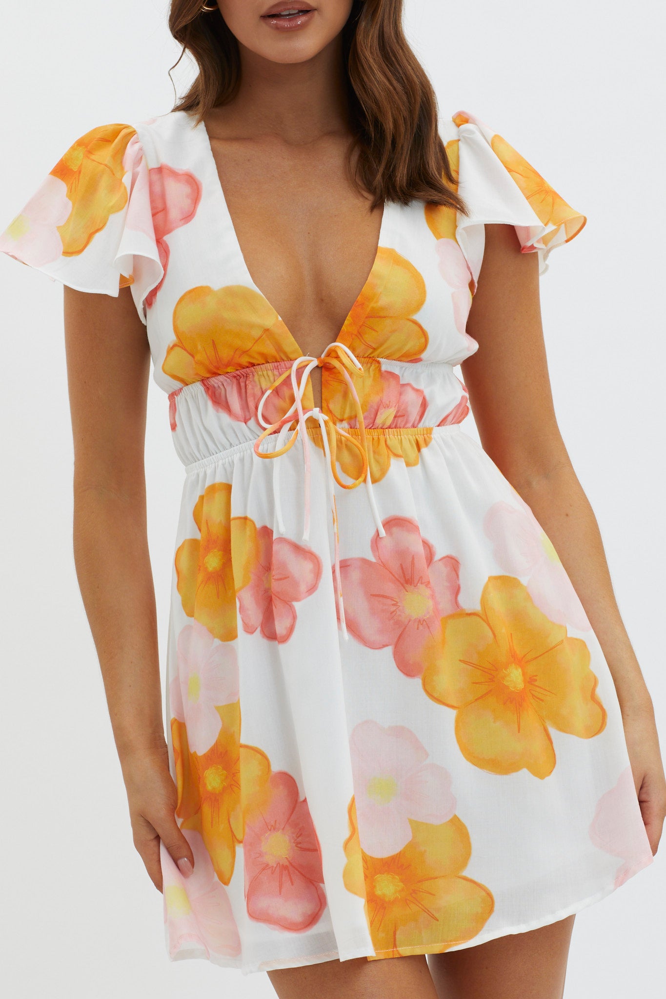 Carnivale Angel Sleeve Mini Dress Floral Orange by Selfie Leslie Australia