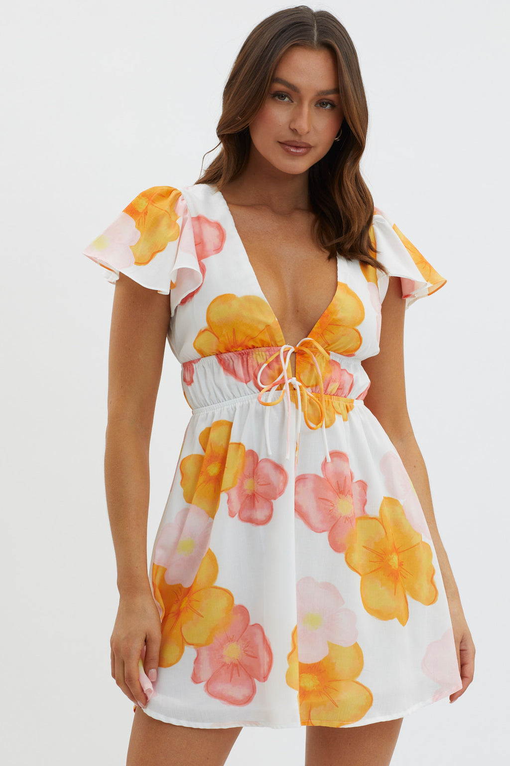 Carnivale Angel Sleeve Mini Dress Floral Orange by Selfie Leslie Australia
