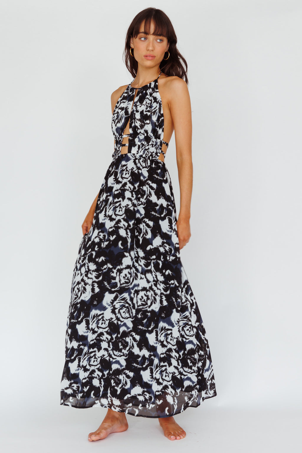 Cyndi Open Back Halterneck Maxi Dress Floral Black by Selfie Leslie Australia