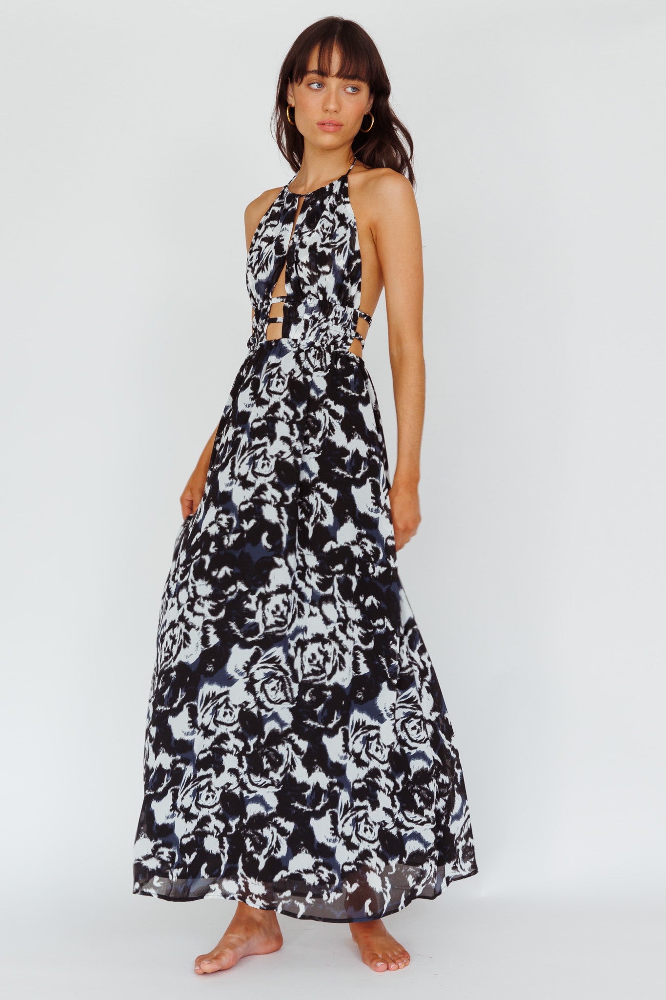 Cyndi Open Back Halterneck Maxi Dress Floral Black by Selfie Leslie Australia