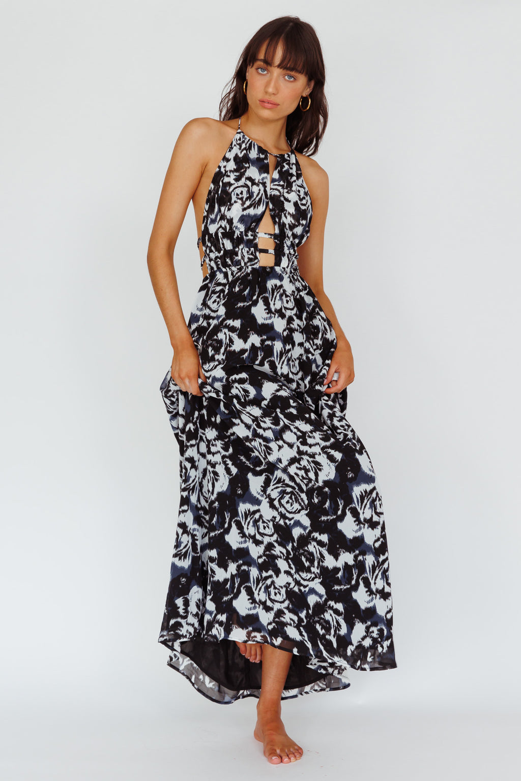 Cyndi Open Back Halterneck Maxi Dress Floral Black by Selfie Leslie Australia