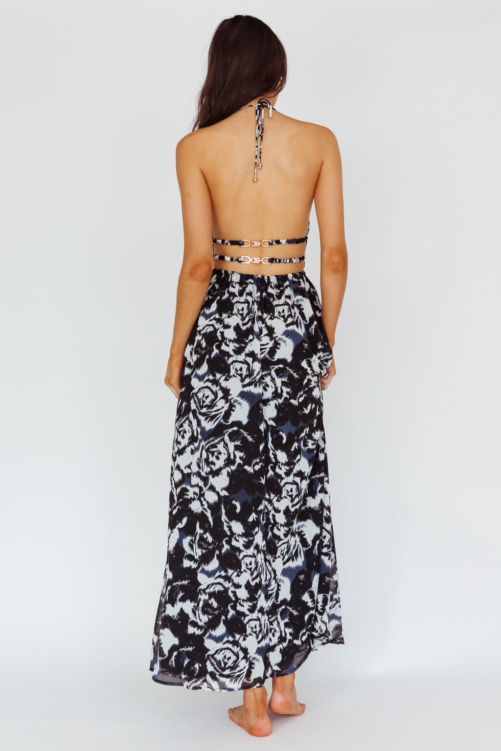 Cyndi Open Back Halterneck Maxi Dress Floral Black by Selfie Leslie Australia