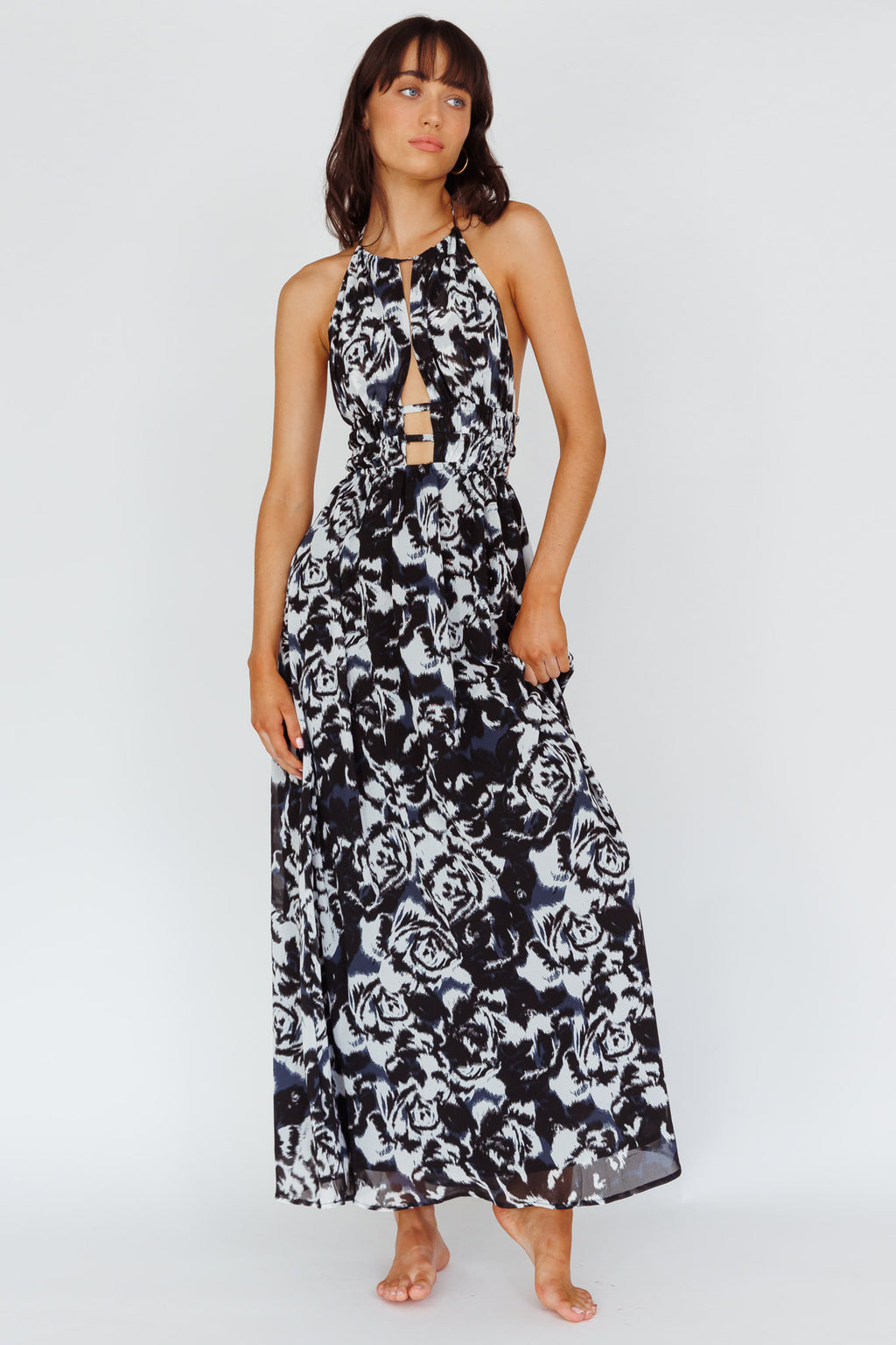 Cyndi Open Back Halterneck Maxi Dress Floral Black by Selfie Leslie Australia