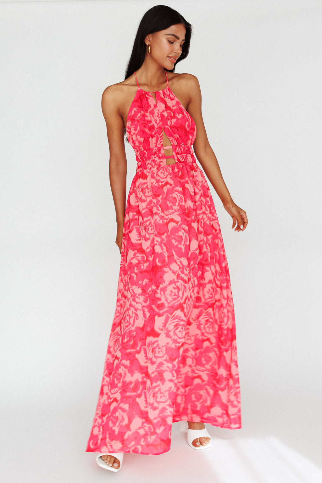 Cyndi Open Back Halterneck Maxi Dress Floral Pink by Selfie Leslie Australia