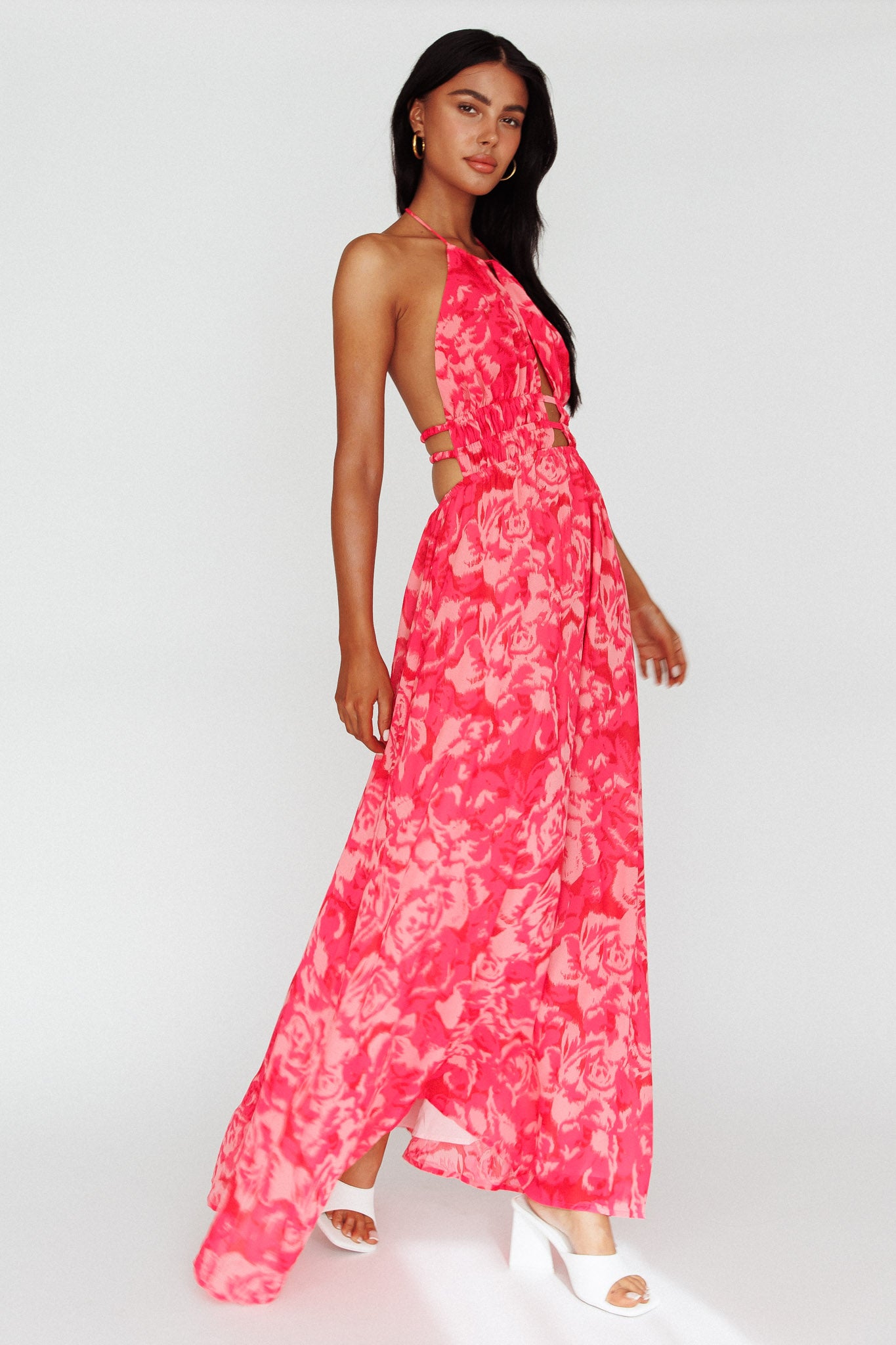 Cyndi Open Back Halterneck Maxi Dress Floral Pink by Selfie Leslie Australia