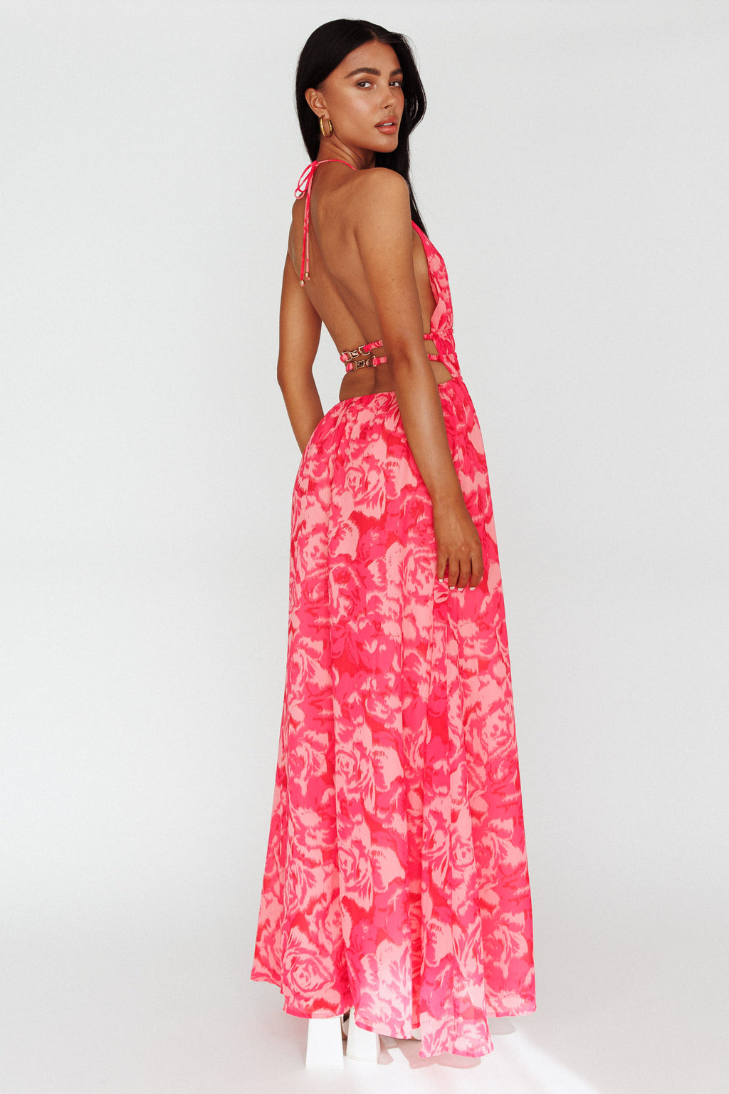 Cyndi Open Back Halterneck Maxi Dress Floral Pink by Selfie Leslie Australia