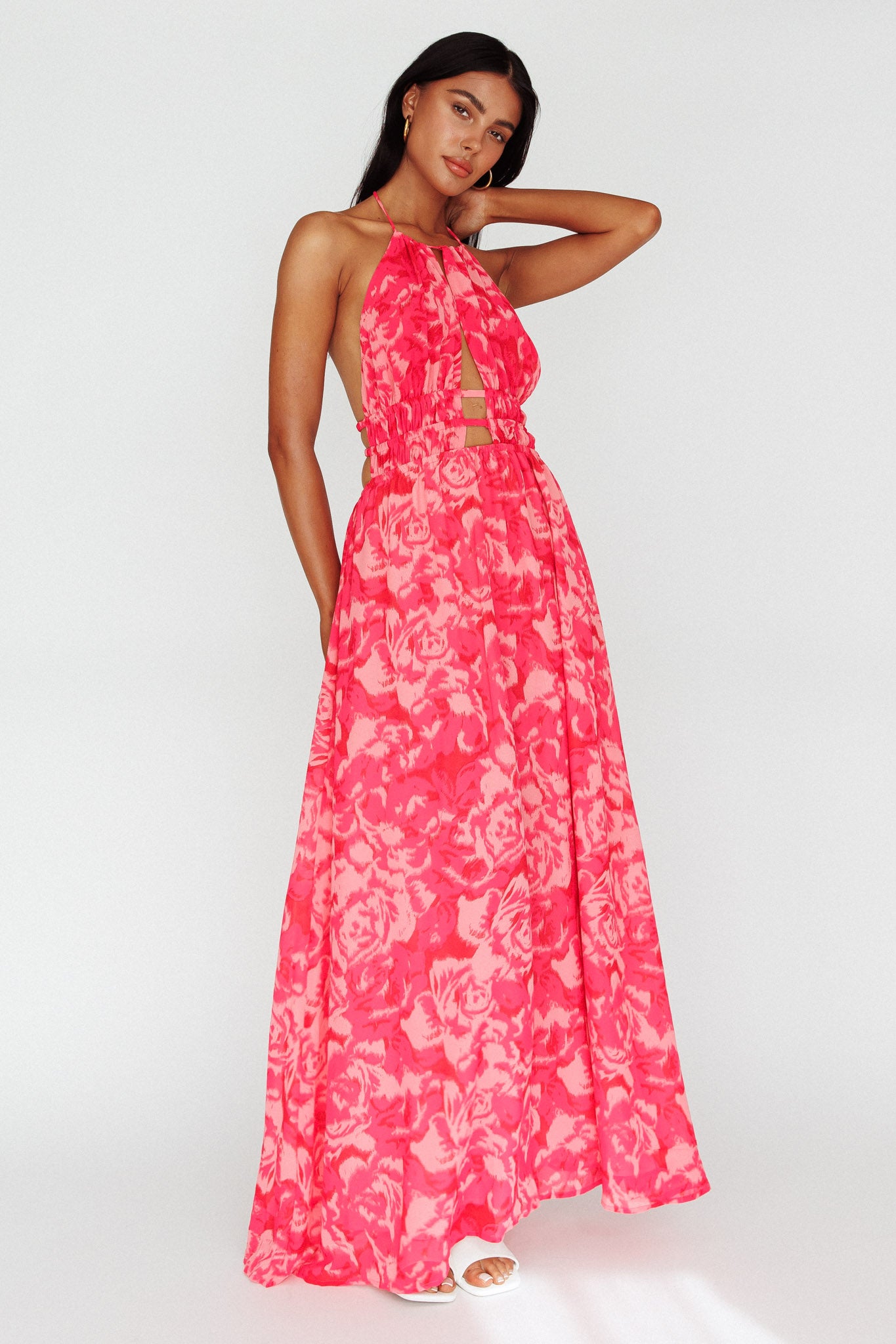 Cyndi Open Back Halterneck Maxi Dress Floral Pink by Selfie Leslie Australia