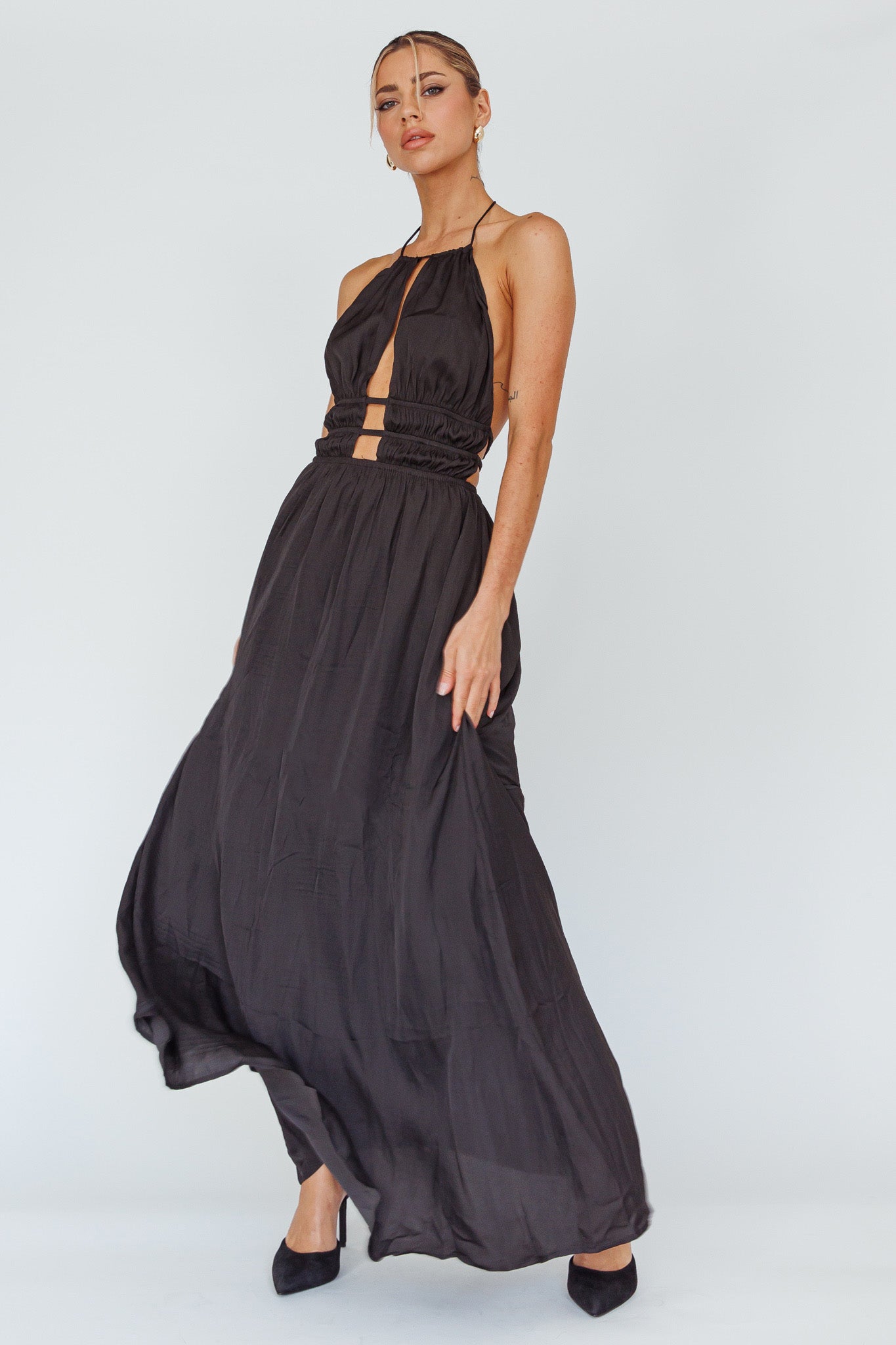 Cyndi Open Back Halterneck Maxi Dress Black by Selfie Leslie Australia