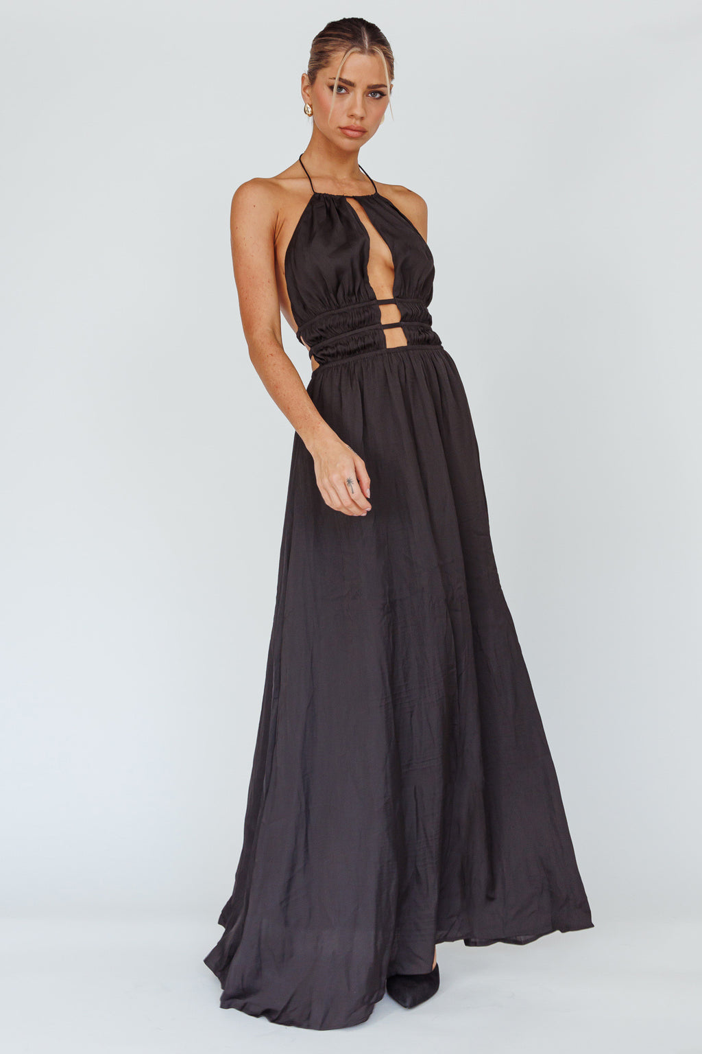 Cyndi Open Back Halterneck Maxi Dress Black by Selfie Leslie Australia