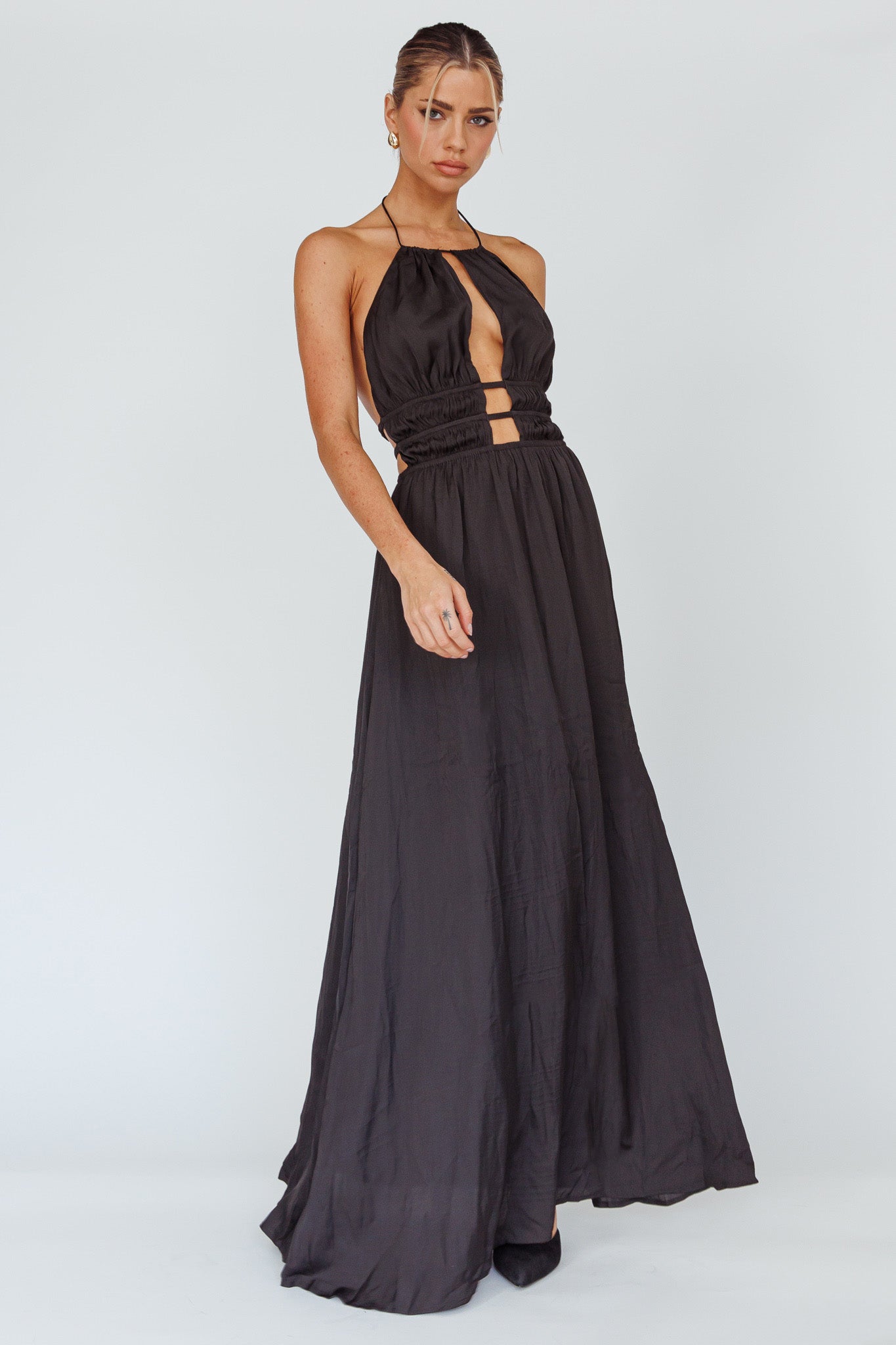 Cyndi Open Back Halterneck Maxi Dress Black by Selfie Leslie Australia