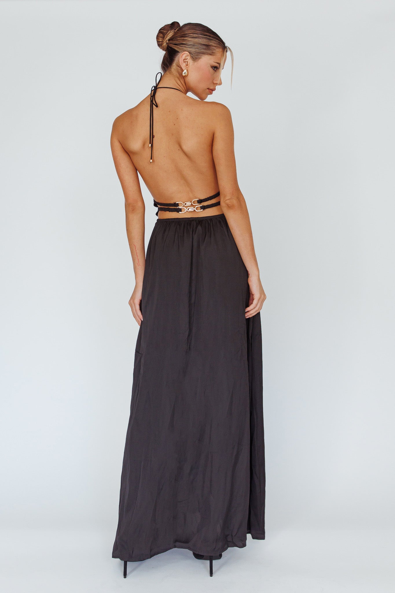 Cyndi Open Back Halterneck Maxi Dress Black by Selfie Leslie Australia
