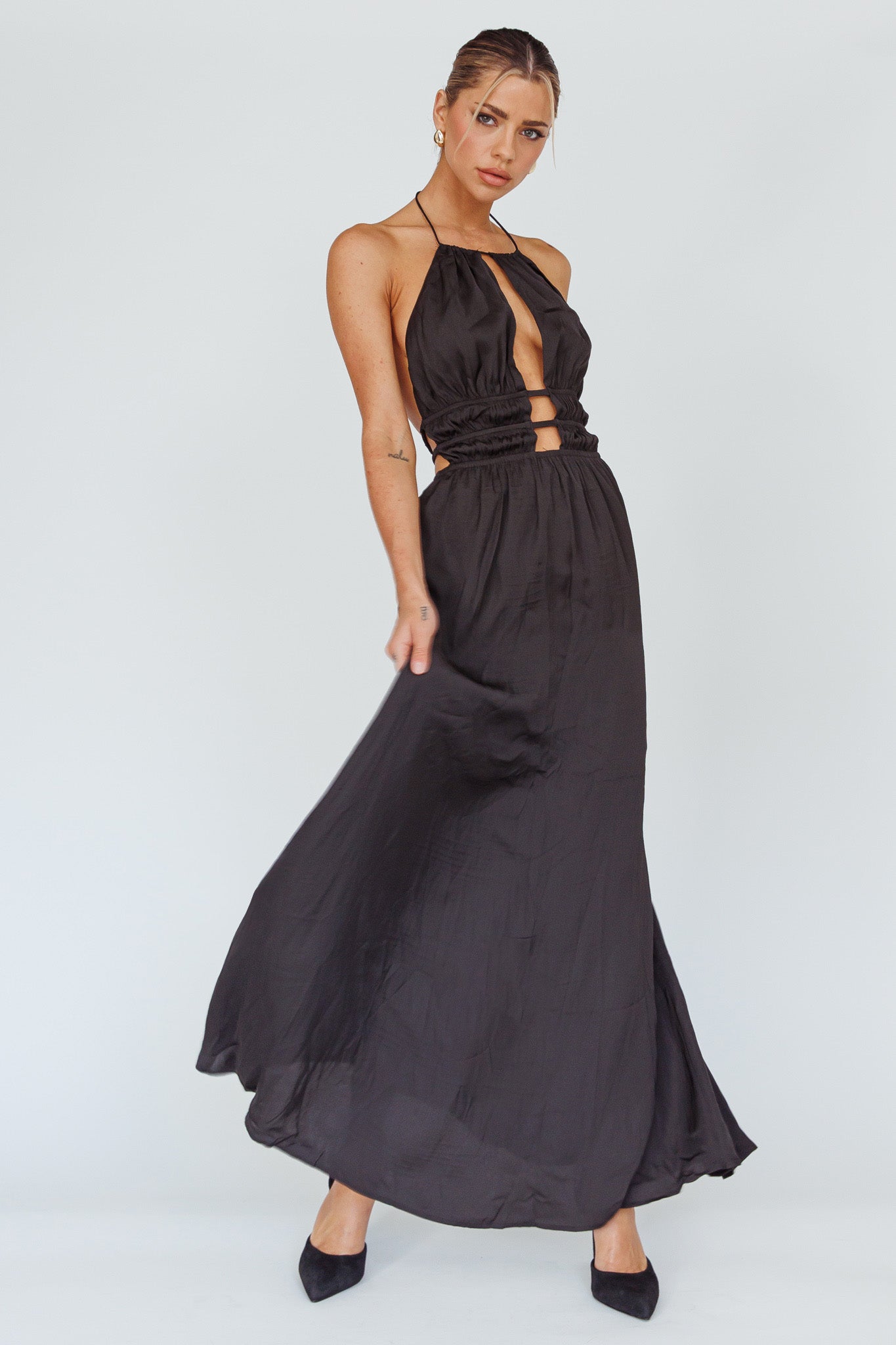 Cyndi Open Back Halterneck Maxi Dress Black by Selfie Leslie Australia