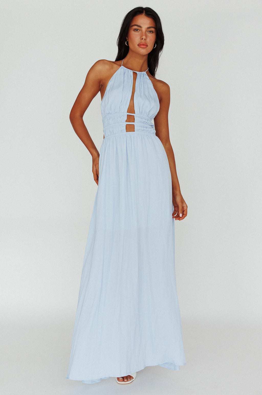 Cyndi Open Back Halterneck Maxi Dress Blue by Selfie Leslie Australia