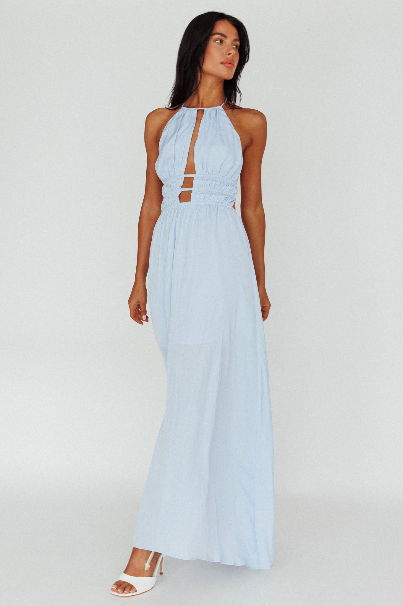 Cyndi Open Back Halterneck Maxi Dress Blue by Selfie Leslie Australia