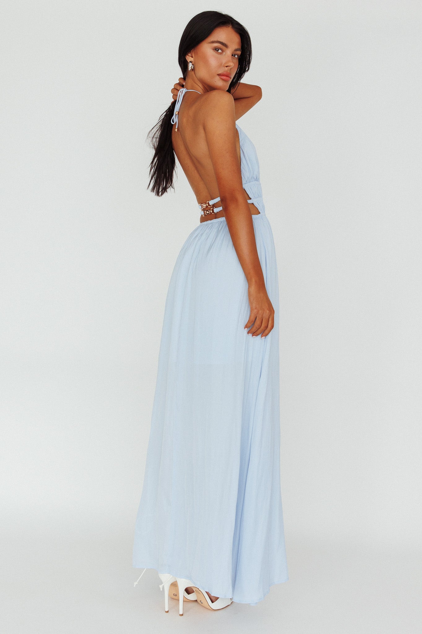 Cyndi Open Back Halterneck Maxi Dress Blue by Selfie Leslie Australia