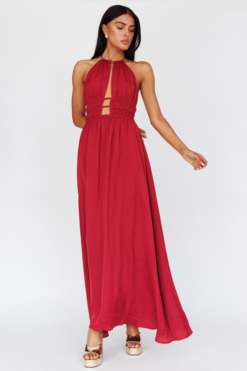 Cyndi Open Back Halterneck Maxi Dress Wine by Selfie Leslie Australia