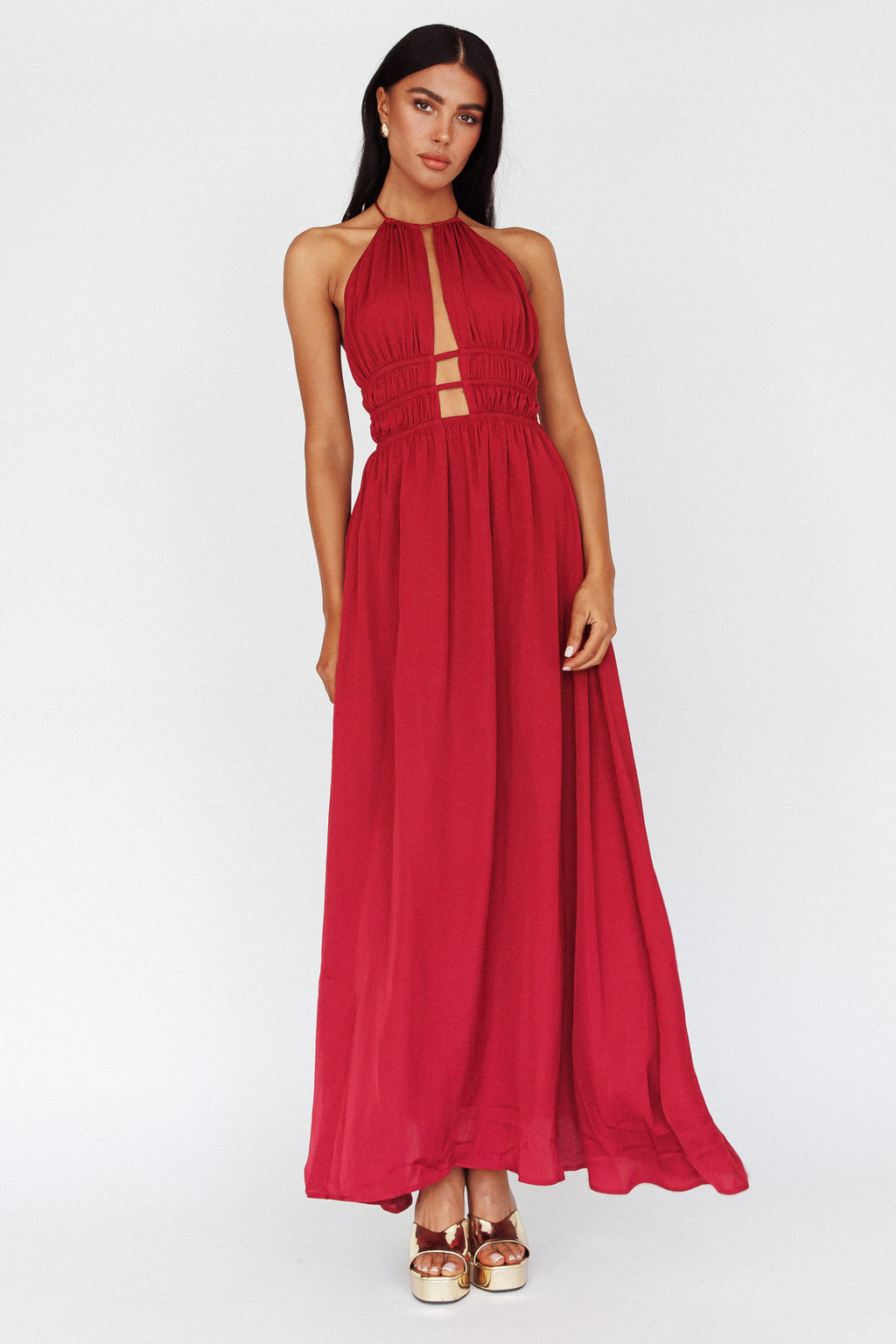 Cyndi Open Back Halterneck Maxi Dress Wine by Selfie Leslie Australia