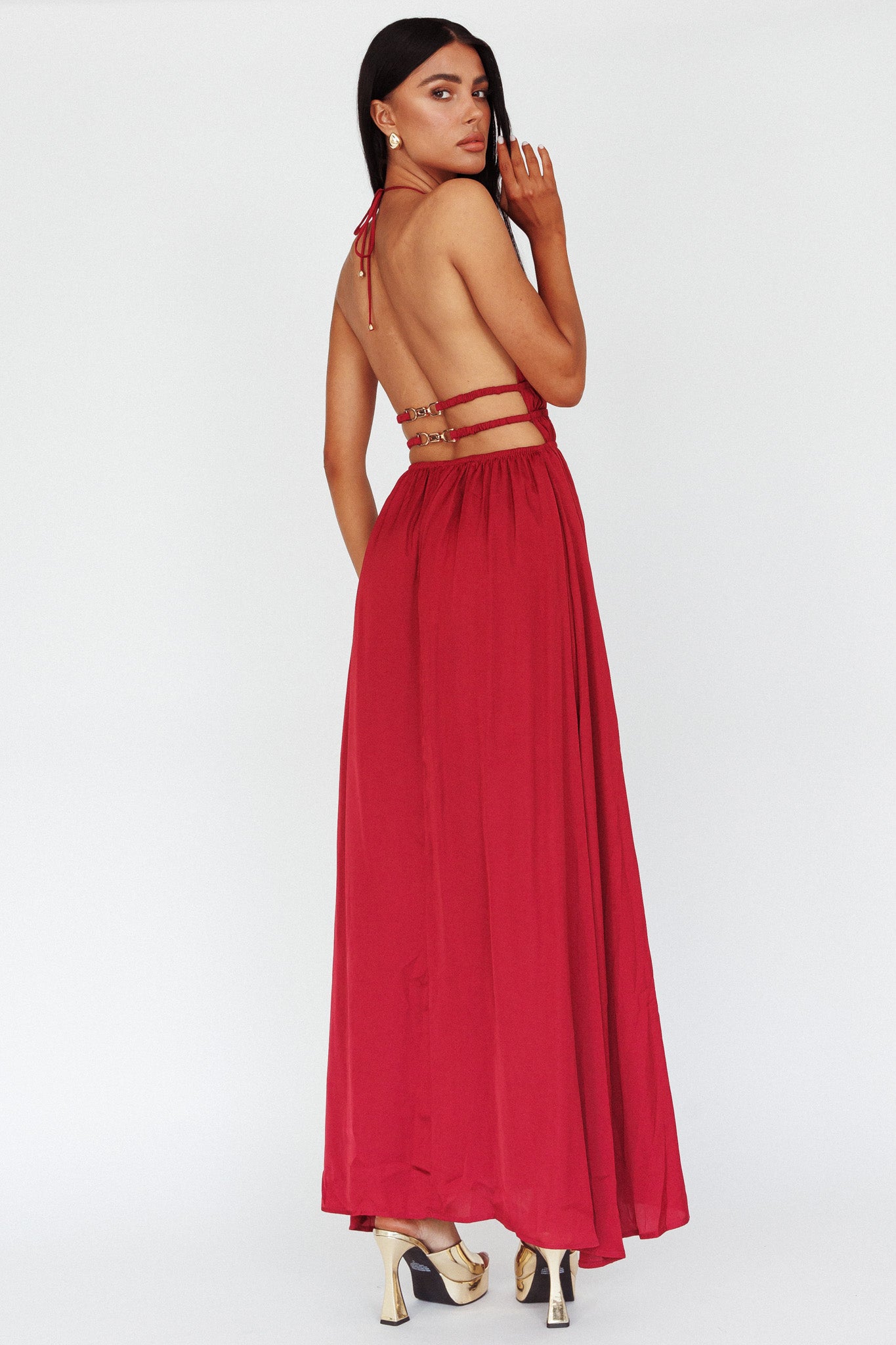 Cyndi Open Back Halterneck Maxi Dress Wine by Selfie Leslie Australia