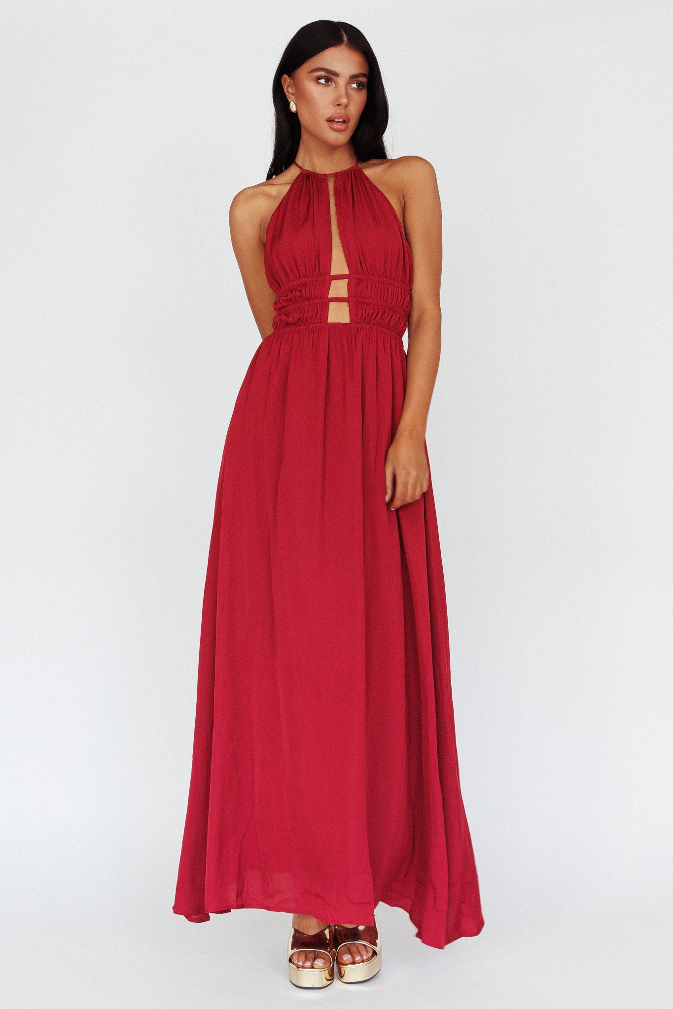 Cyndi Open Back Halterneck Maxi Dress Wine by Selfie Leslie Australia