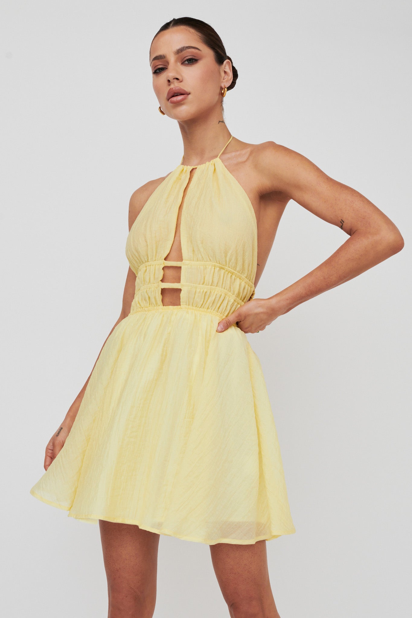 Cyndi Open Back Halterneck Mini Dress Lemon by Selfie Leslie Australia