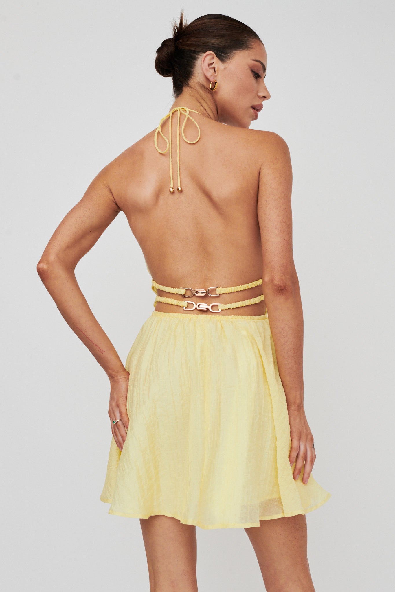 Cyndi Open Back Halterneck Mini Dress Lemon by Selfie Leslie Australia